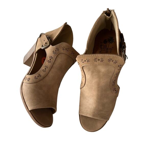 Jelly Pop Open Toe Booties, Tan Heels, Western, Cowgirl Booties, Boho - Picture 4 of 12